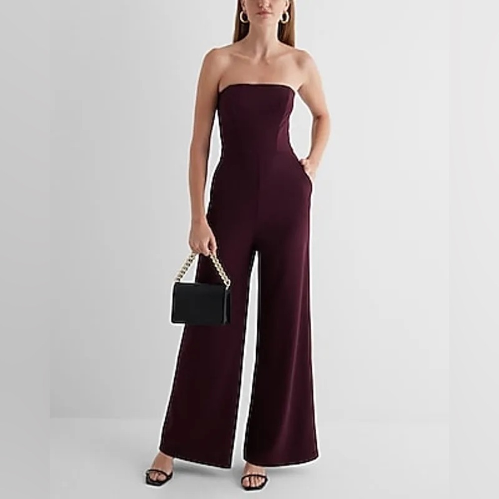 NWT - Express Strapless Wide Leg Jumpsuit - Burgundy, Small